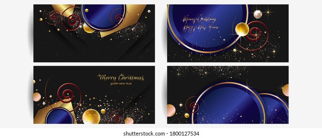 Set of holiday banners Merry Christmas and Happy New Year gold design black background abstract shiny color golden vector stock