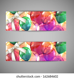 set of holiday banners with multicolored balloons and white bows