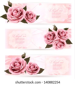 Set of holiday banners with pink beautiful roses. Vector