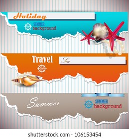 Set of Holiday banners with shells and place for text. Torn paper