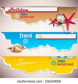 Set of Holiday banners with shells and place for text. Torn paper