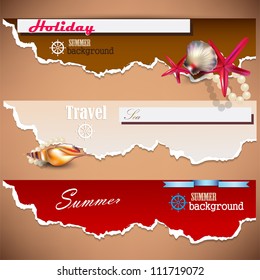 Juego de banners de vacaciones con conchas y lugar para el texto. Papel desgarrado
