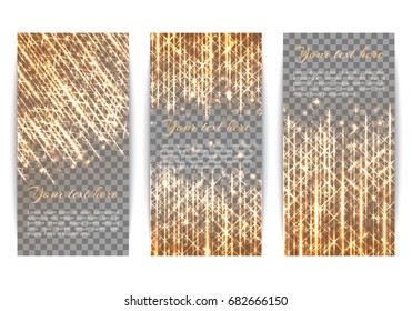 Conjunto de faixas de férias com luzes de inverno e raios dourados