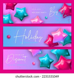 Set of Holiday big sale typography banners with pink and blue star shaped balloons. Vector illustration