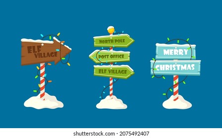 Set of Holiday Billboards, Direction to Elf Village, North Pole, Post Office, Merry Christmas and New Year Wooden Signs with Snow, Garlands and Striped Poles in Snowdrift. Cartoon Vector Illustration