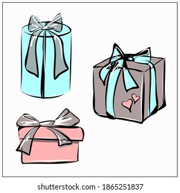 A set of holiday boxes with gifts. Labels, stickers. Hand drawn, vintage. Elements for postcards, banners, festive website design. Vector isolated images.