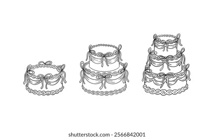 Set of  holiday cakes with bows. Vector outline hand drawn illustration in vintage style. Clipart for wedding, birthday or valentines day in coquette aesthetic