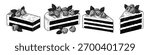 Set of holiday cakes with cream and raspberry in section. Vector black ink isolated illustration in sketch line style.