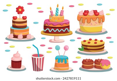 Set of holiday cakes and pastries.
Happy birthday illustration in cartoon style