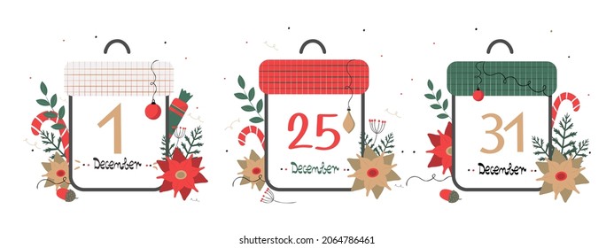 set of holiday calendars. December 1, 25, 31. The beginning of winter, Christmas and the end of the year. Significant dates. Stylish, minimalistic posters. Vector illustration