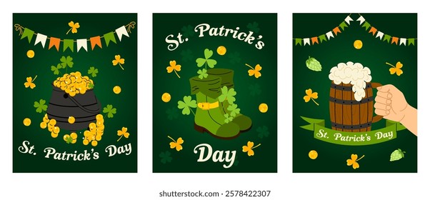 Set holiday card, poster, placard, banner. St. Patrick's Day. Clover symbol of luck, cauldron gold, pint beer. Irish national holiday. Flat illustration on white background.