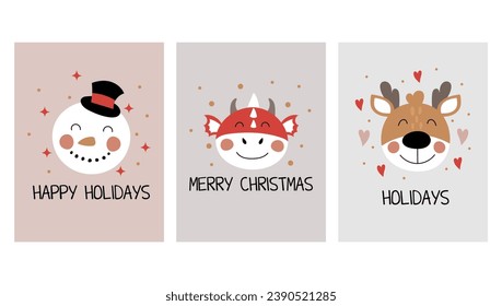 Set of holiday cards. Christmas cards with dragon, deer and snowman in flat style.