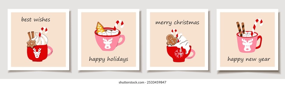 Set of Holiday cards with A cute holiday mug with a flat cartoon style, featuring a Christmas hot drink. Greeting cards.