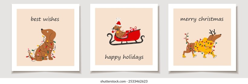 Set of Holiday cards with dachshund dogs with christmas decorations. Greeting cards.