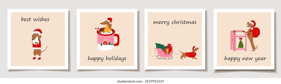 Set of Holiday cards with dachshund dogs with christmas decorations. Greeting cards.