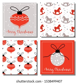 Set of holiday cards with decorations and the text "Merry Christmas". Christmas mood. Vector illustration.