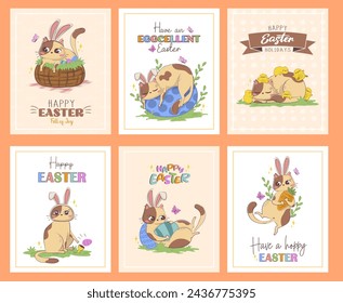 Set of holiday cards for Easter with a cute cartoon cat in a bunny suit and pun phrases.