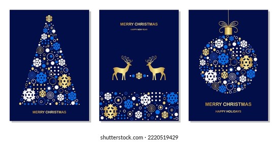 Set von Urlaubskarten und Einladungen mit Weihnachten und Neujahr auf dunkelblauem Hintergrund. Vorlagen mit Weihnachtsbaum, Schneeflocken, Weihnachtskugel, Hirsch und Kopienraum mit goldenen Elementen. Vektorgrafik.