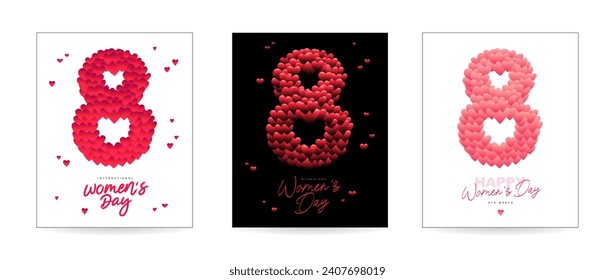 Set of holiday cards for March 8 - International Women's Day. Number 8 is made of cute red and pink hearts. Stylish lettering and calligraphy. Vector illustration.