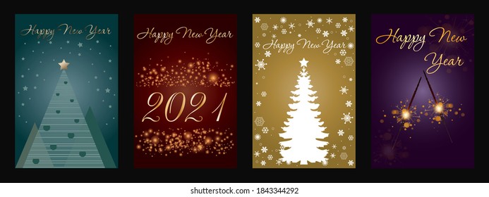 Set of holiday cards on multicolored backgrounds. Banners. Congratulations.
Inscription with a new year.