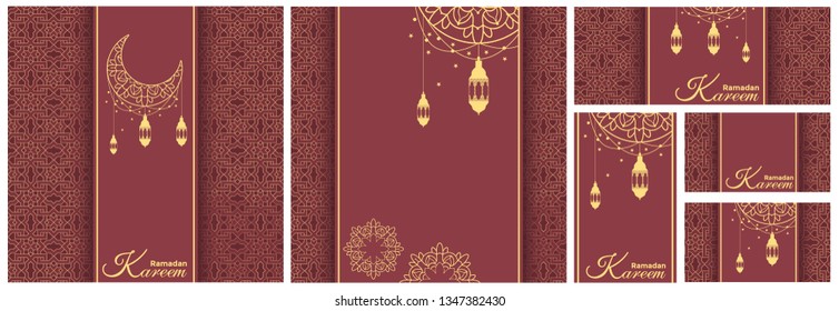 Set of holiday cards Ramadan. Vector images of Ramadan are suitable for any size. Postcard, business card or booklet. The postcard depicts Golden ornaments and inscriptions with congratulations.