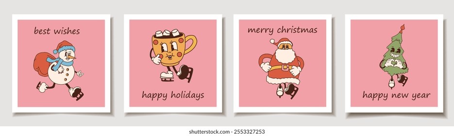 Conjunto de tarjetas Festiva con personajes de Navidades de dibujos animados retro sobre un fondo rosa. Tarjetas de felicitación.