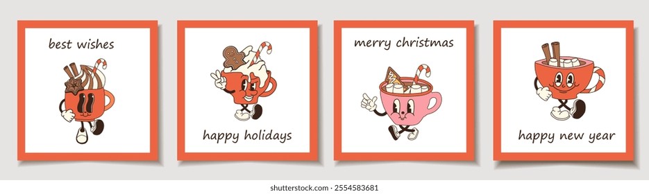 Set of Holiday cards with retro cartoon cup of hot chocolate with marshmallows and a candy cane. Greeting cards.