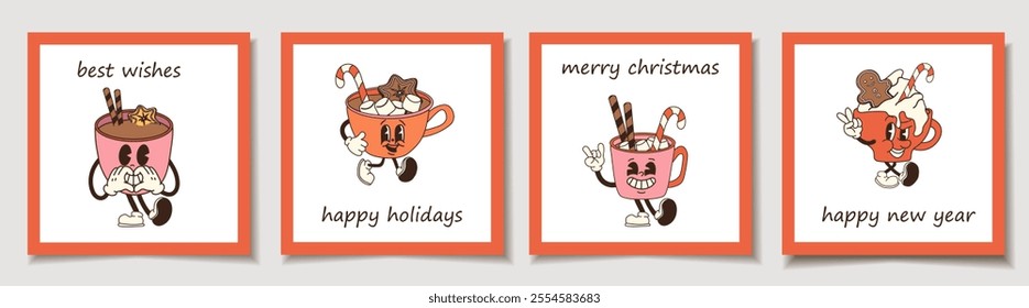 Set of Holiday cards with retro cartoon cup of hot chocolate with marshmallows and a candy cane. Greeting cards.