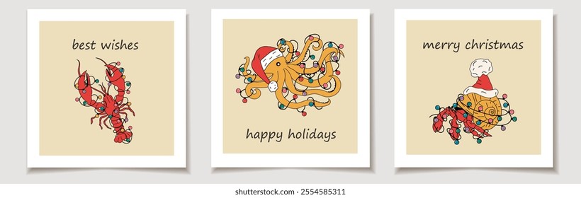 Set of Holiday cards with Sea animals with Christmas decorations. Greeting cards.