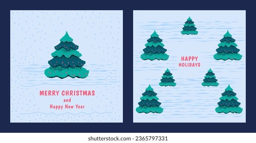Set holiday cards. Template with hand drawn Christmas tree. Vintage vector illustration. Merry Christmas and Happy New Year card. Print illustration, Instagram poster, corporate invitation