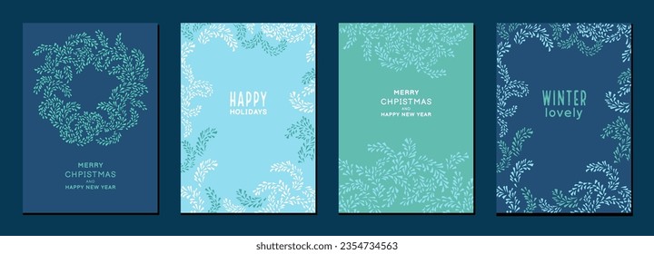 Set of holiday cards. Winter template with a Christmas wreath and unique floral ornament. Vector hand drawn silhouette abstract botanical branches. 