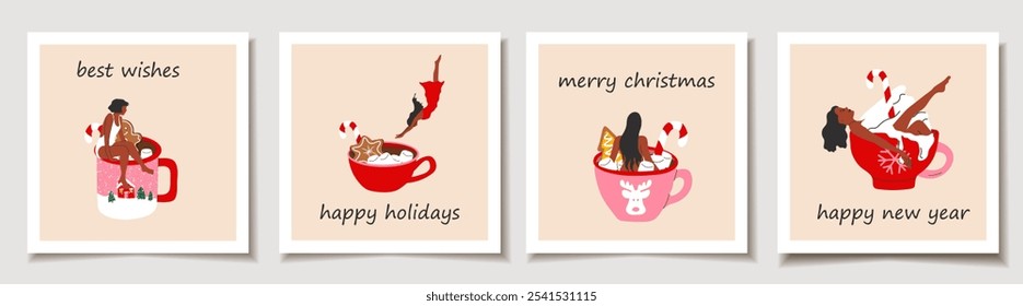 Set of Holiday cards with woman is bathing in a cute holiday mug with a flat cartoon style, featuring a Christmas hot drink. Greeting cards.