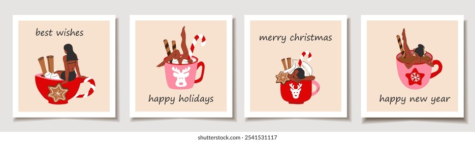 Set of Holiday cards with woman is bathing in a cute holiday mug with a flat cartoon style, featuring a Christmas hot drink. Greeting cards.