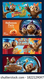 set of holiday celebration banners with lucky owls