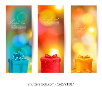 Set of holiday christmas banners with gift boxes and ribbon. Vector illustration 