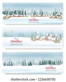 Set of Holiday Christmas banners with a winter village and landscape. Vector
