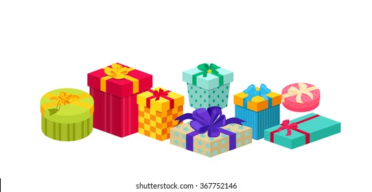 Set holiday christmas box surprise with ribbon for anniversary or birthday present or xmas gift isolated illustration