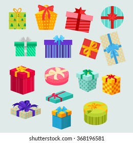 Set holiday Christmas box surprise with ribbon and bow for anniversary or birthday present or xmas gift isolated illustration