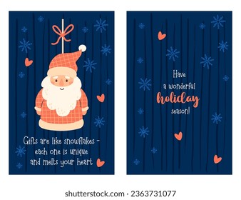 Set holiday Christmas card. Cute Santa Claus toy with congratulations on blue background with snowflakes and hearts. Vector illustration. Xmas holiday vertical card. kids collection.