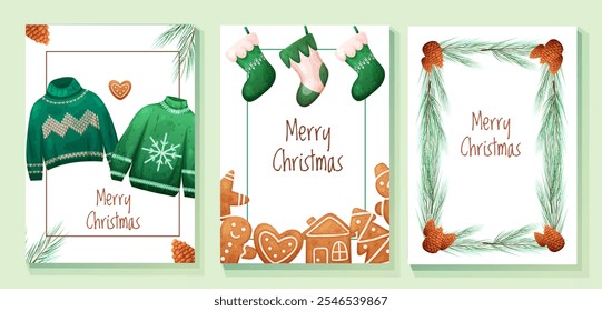 Conjunto de tarjetas de Navidad de vacaciones con suéteres feos y galleta de jengibre