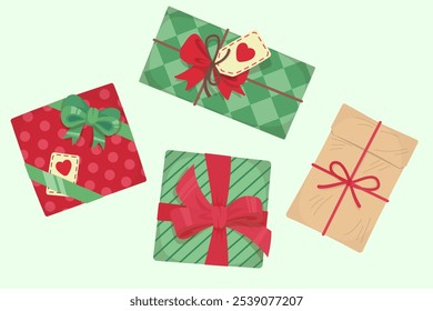 Set of  Holiday and Christmas Gifts with tag, bow, ribbon