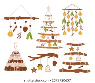 Set of Holiday Christmas Hanging Decor. Dazzling Festive Sweets, Plants or Herbs Hang on Tree Branches, Decorative Pine Trees, Joyful Trinkets Bring Yuletide Magical Spirit Cartoon Vector Illustration