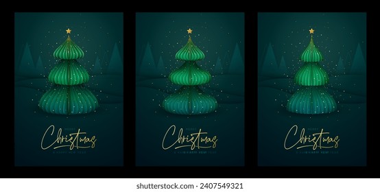 Set of holiday Christmas modern covers or greeting cards with Christmas tree. Vector illustration