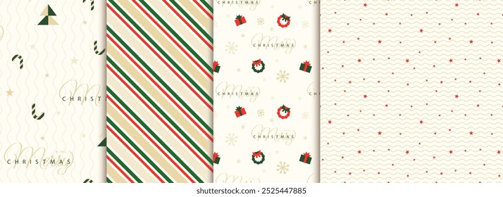 Set of Holiday, Christmas, New Year light seamless pattern with christmas trees, snowflakes, stars. Loopable design for wrapping paper, textile, background, banner