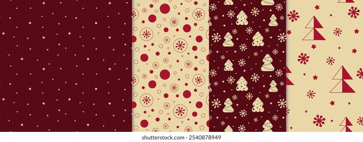 Set of Holiday, Christmas, New Year dark red seamless pattern with christmas trees, snowflakes, stars. Loopable design for wrapping paper, textile, background, banner