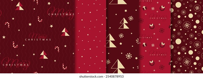 Set of Holiday, Christmas, New Year dark red seamless pattern with christmas trees, snowflakes, stars. Loopable design for wrapping paper, textile, background, banner