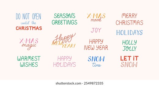 Set of holiday christmas and new year quotes. Vector illustration of hand drawn lettering inscriptions for greeting cards and invitations