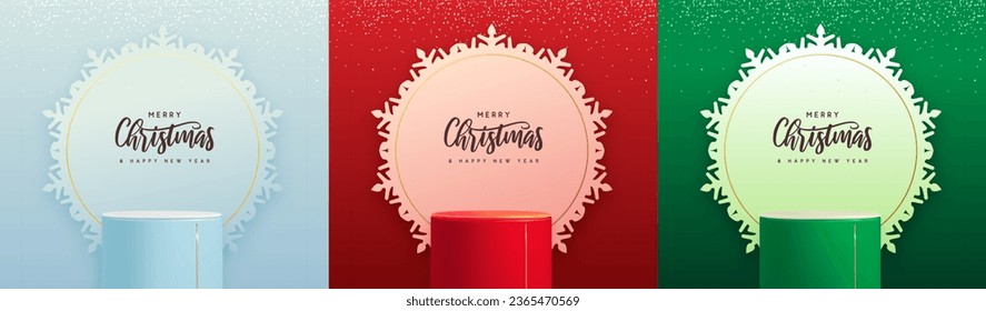 Set of holiday Christmas showcase backgrounds with 3d podium and snowflake cut out silhouette. Vector illustration