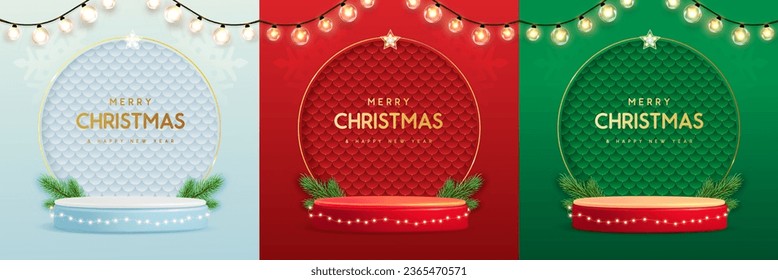 Set of holiday Christmas showcase backgrounds with 3d podium and string of lights. Vector illustration