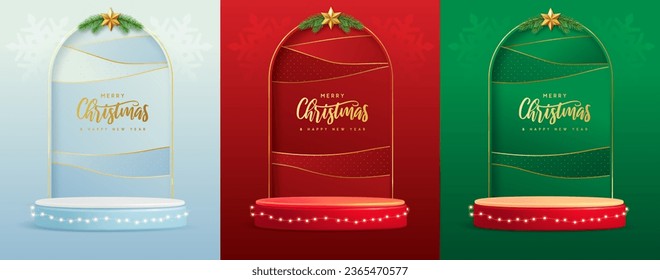 Conjunto de fondo de escaparate navideño con 3d podio y decoración navideña. Ilustración del vector